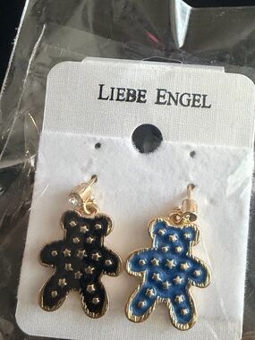 Gold-Trim Teddy Drop Earrings in Black and Blue
